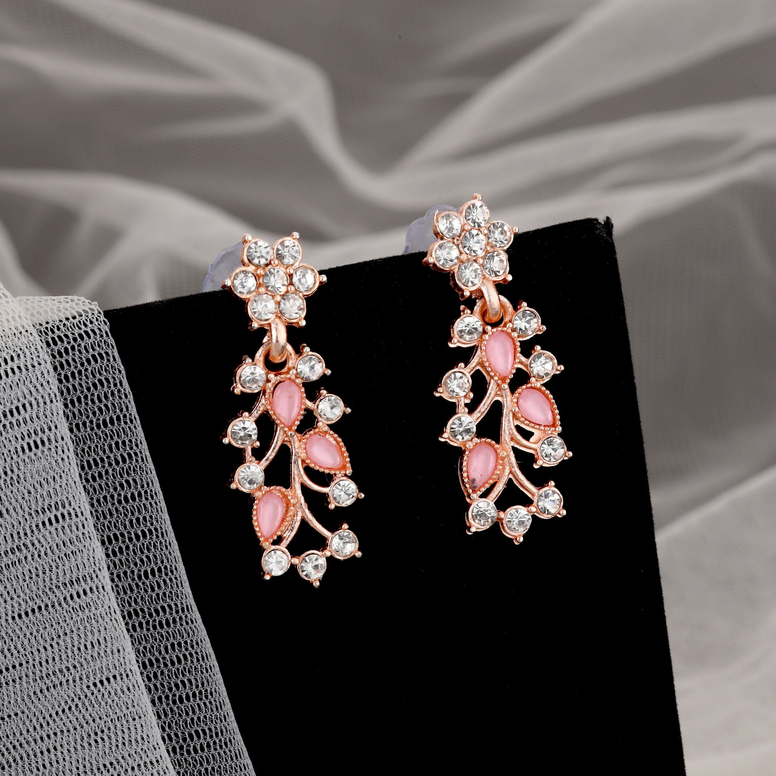 Rose Gold Floral Jewellery Set – Elegant Pink Enamel Necklace & Earrings