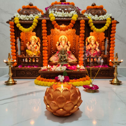 Big Kamal Lotus Decorative Diya Multi-Purpose Tealight Candle Holder, Dhoop Cone Stand, Pooja Diya & Mini Planter (Rose Gold, Metallic Pink)