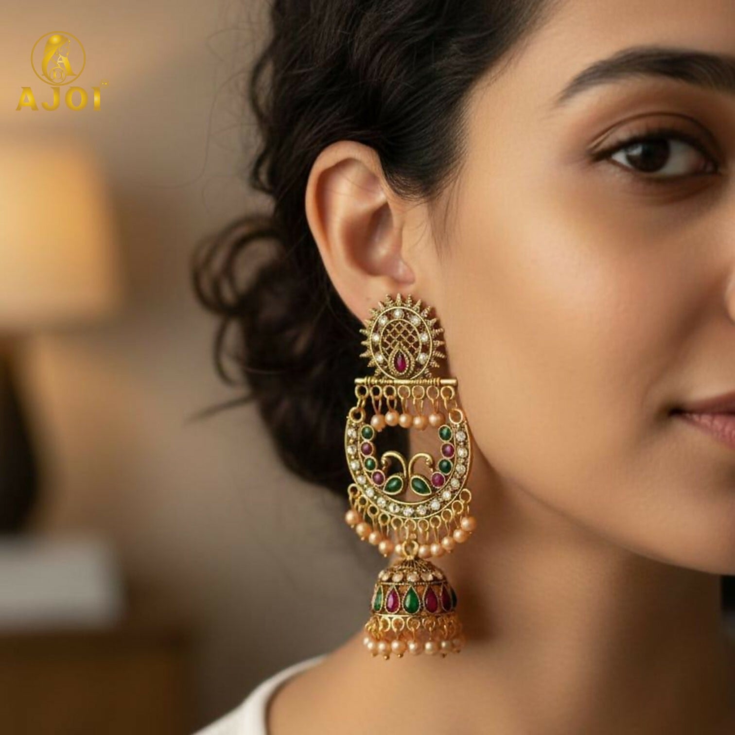 Peacock Motif Antique Gold Finish Chandbali Jhumka Earring