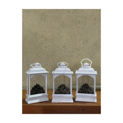 Decorative White LED Lantern with Simulated Fire Flame Effect | Battery Operated Flameless Lantern Light for Home Décor, Living Room, Bedroom, Garden, Diwali, Christmas & Gifting – Set of 3