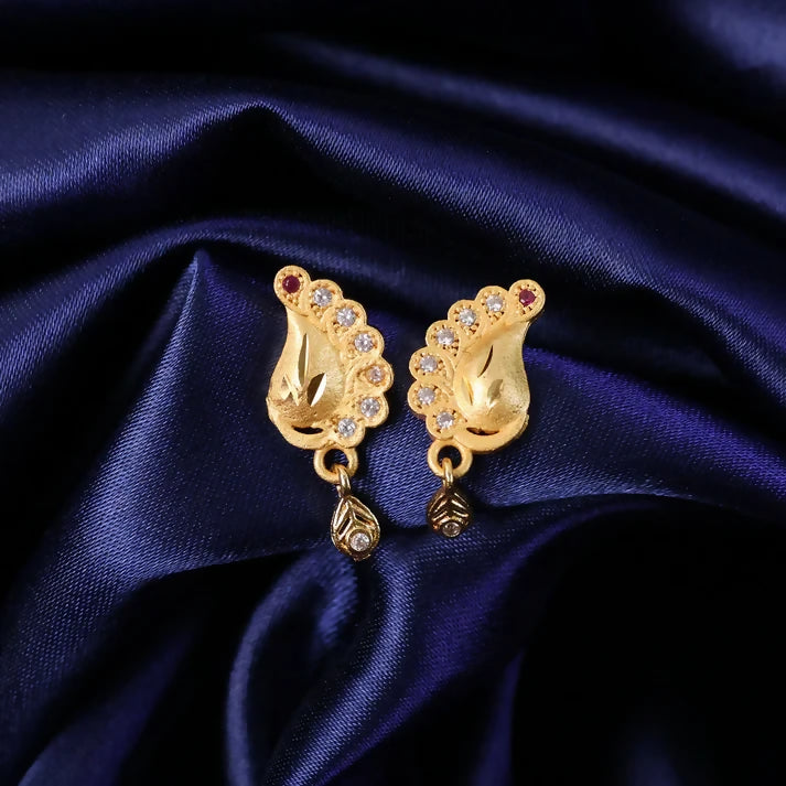 Peacock Inspired Gold Finish Earrings With Textured Motif And Stone Drop Accent