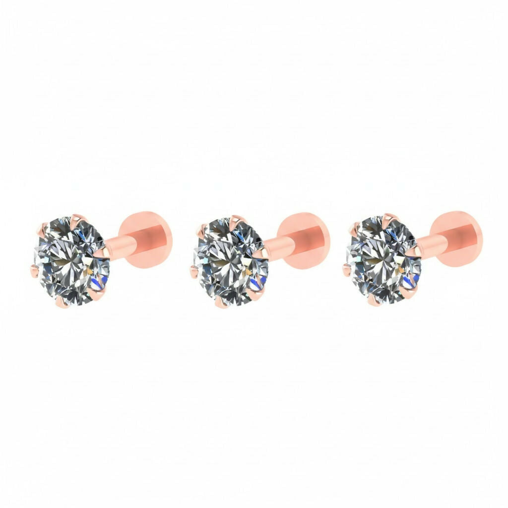 Set of three rose gold labret flat back stud earrings for women and girls