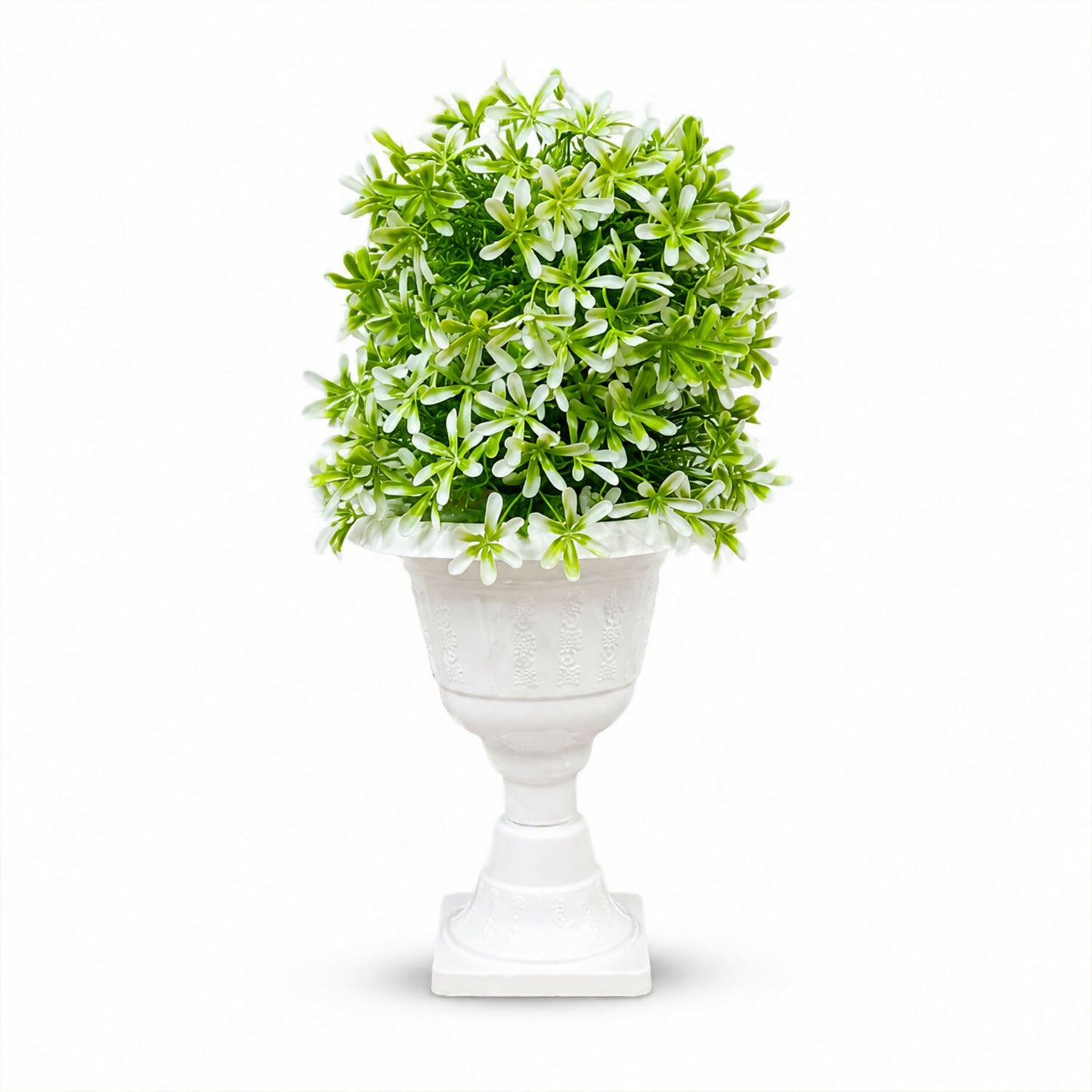 Artificial Green White Flower Ball Topiary Plant in White Pedestal Pot Home Decor