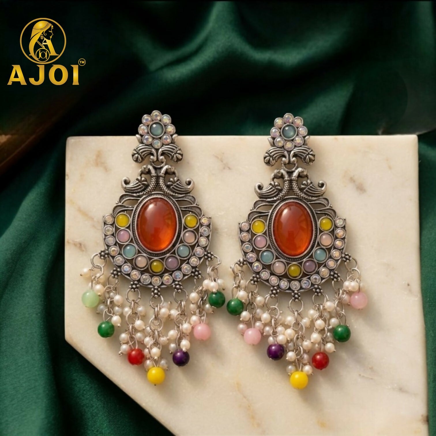 Oxidized Silver Multicolor Stone Chandbali Earrings with Pearl Bead Drops