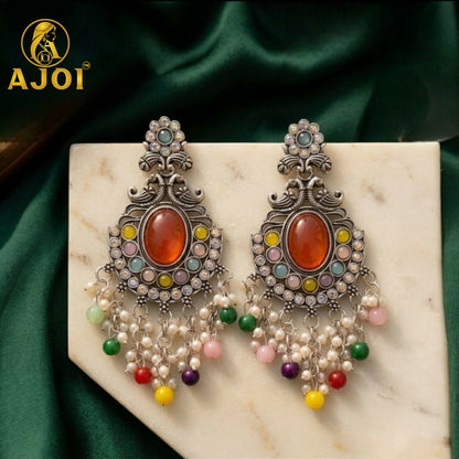 Oxidized Silver Multicolor Stone Chandbali Earrings with Pearl Bead Drops