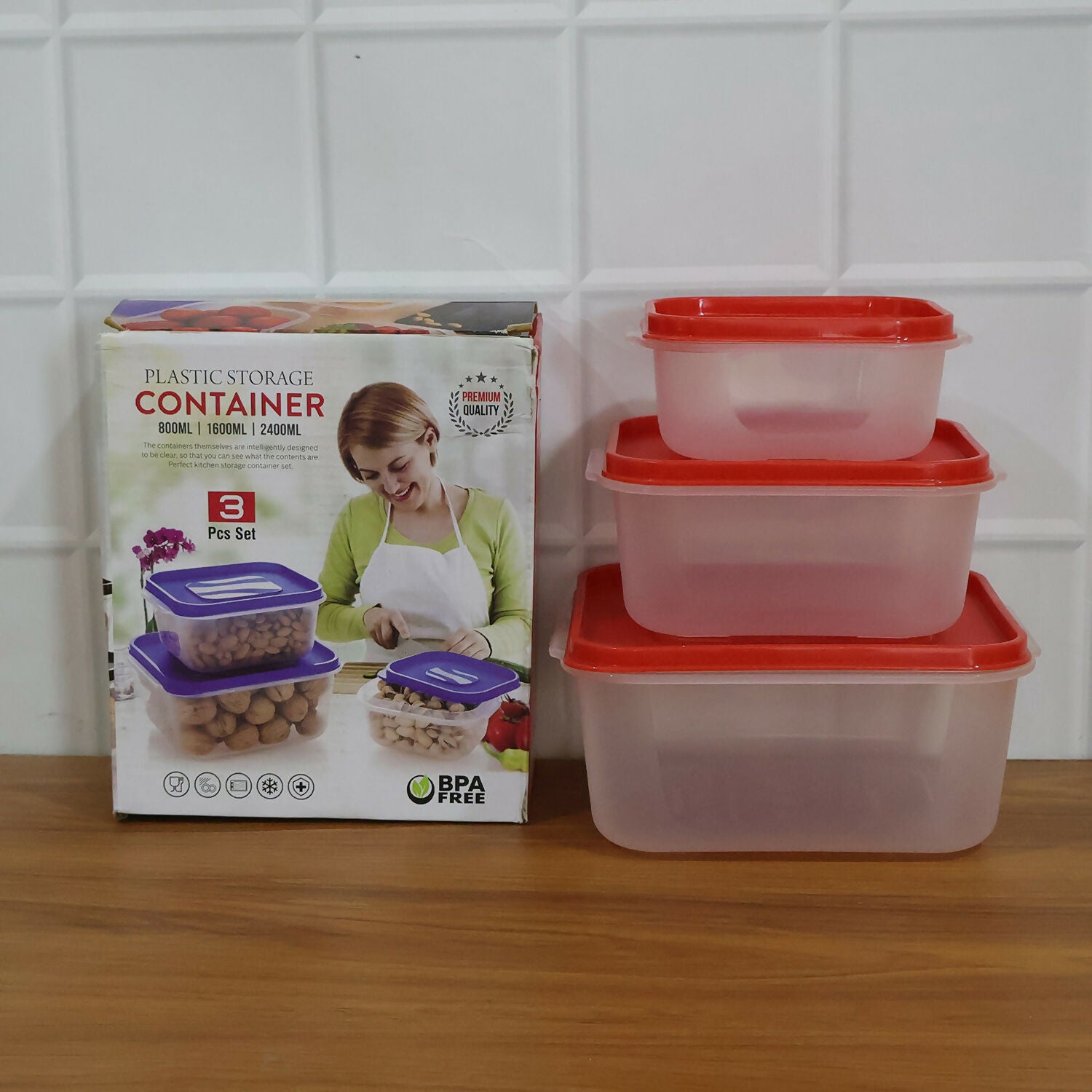Plastic Food Storage Container Set – 3 Pieces Kitchen Storage Box Set (800 ml, 1600 ml, 2400 ml)