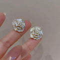 White Camellia Flower Stud Earrings – Elegant Micro-Pearl Accents