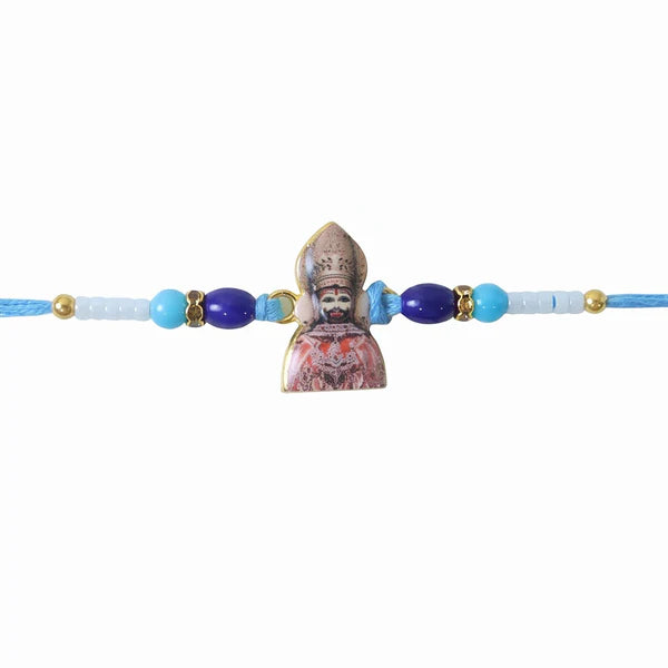 Detailed image of the Khatu Shyam Ji Rakhi's centerpiece and colourful beads.