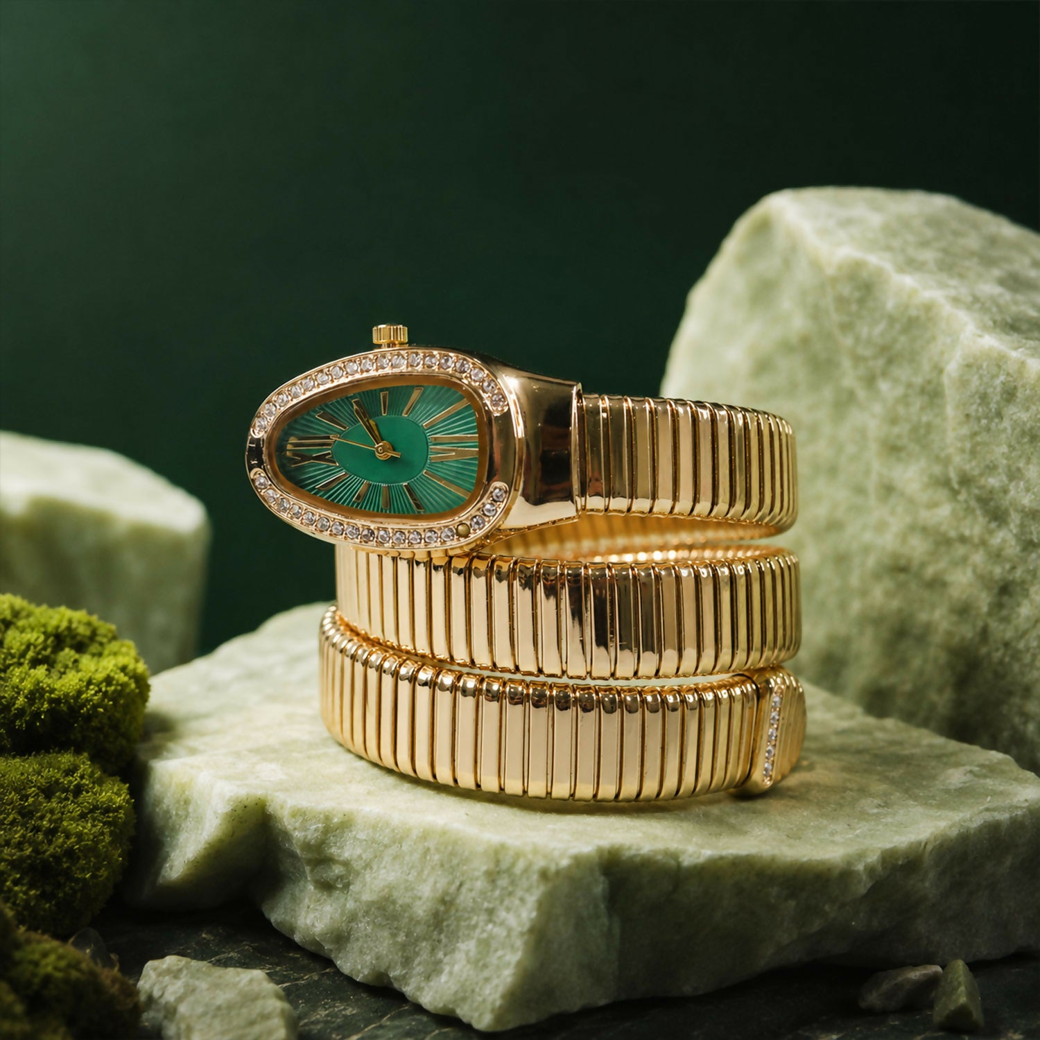 Golden Snake Style Bracelet Watch with Oval Green Dial and Crystal Border Design