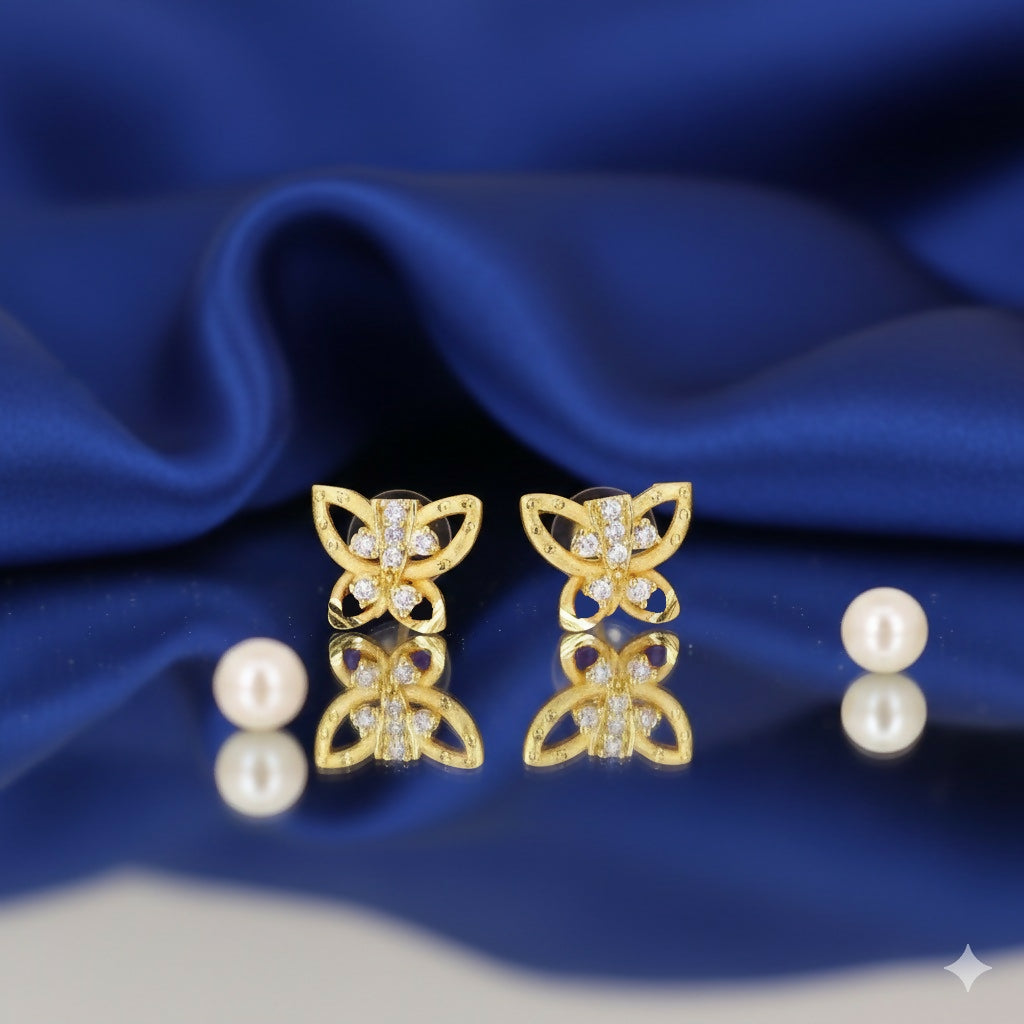 Butterfly Stud Earrings | Gold Plated AD Stones | Lightweight for women and girls