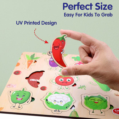 Wooden Vegetable Learning Puzzle Board for Kids – Colorful Puzzle with Cute Veggie Characters