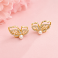 Gold-Tone Crystal & Pearl Butterfly Stud Earrings – Elegant & Stylish