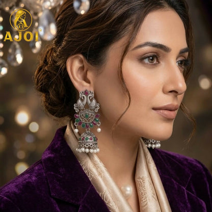 Oxidized Silver Peacock Jhumka Earrings with Ruby Green Stones & Pearls