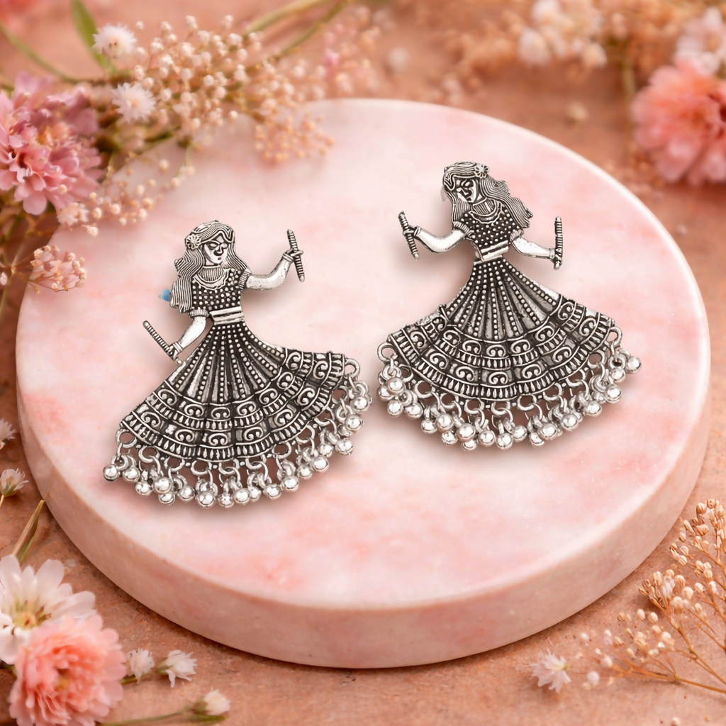 Oxidised Silver Dancing Doll Jhumka Earings