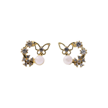 Butterfly Pearl Crystal Stud Earrings for Women And Girls