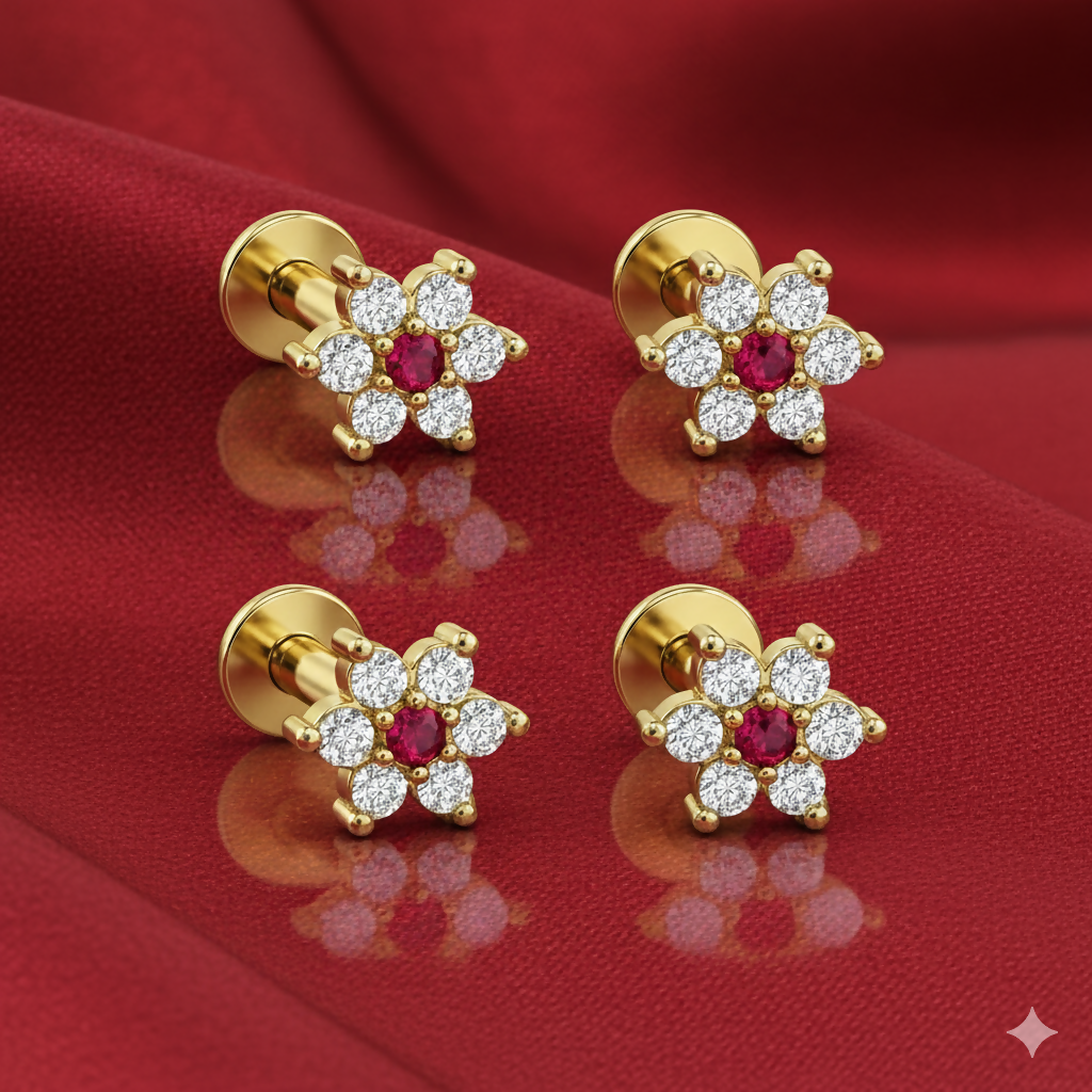 Gold plated floral crystal labret piercing stud isolated on white background