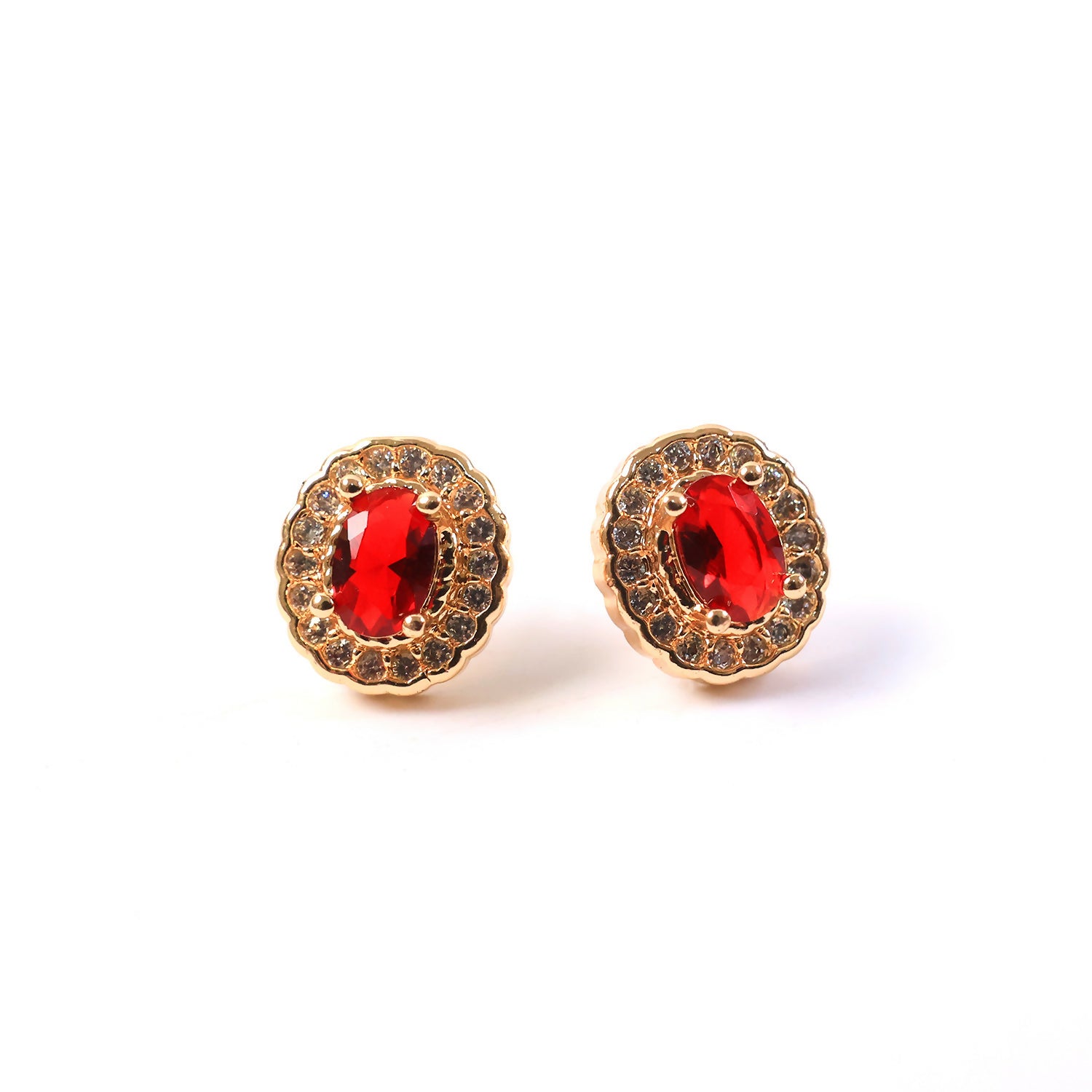 Elegant Oval Red Stone Stud Earrings with Crystal Halo Design