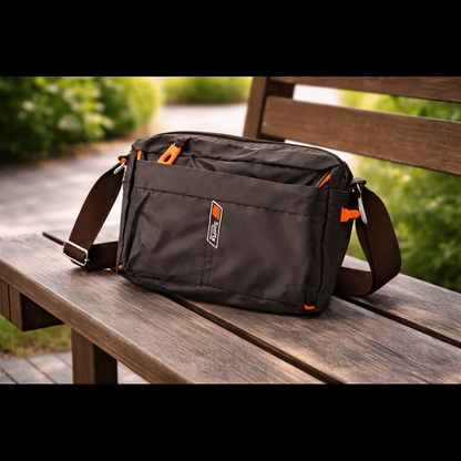 Adjustable strap detail on compact anti-theft crossbody travel bag in dark nylon fabric
