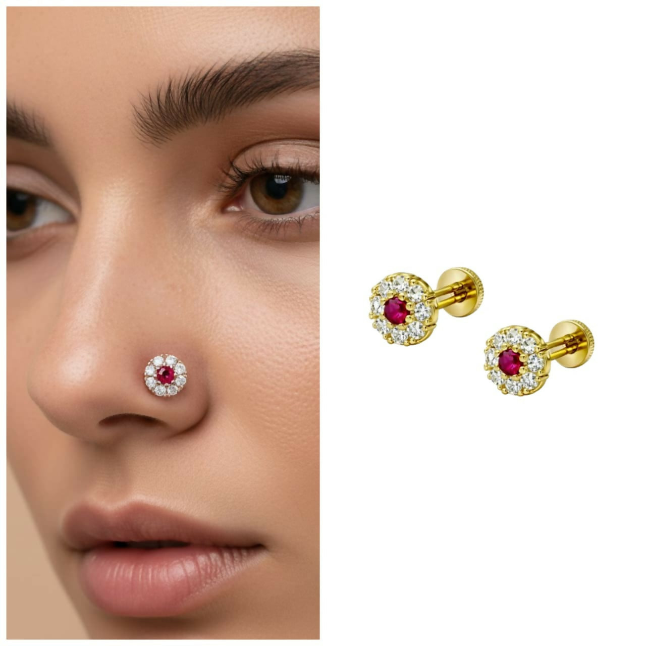 Gold Ruby & AD Halo Floral Nose Pin for women and girls Combo Pack of 2