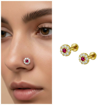 Gold Ruby & AD Halo Floral Nose Pin for women and girls Combo Pack of 2