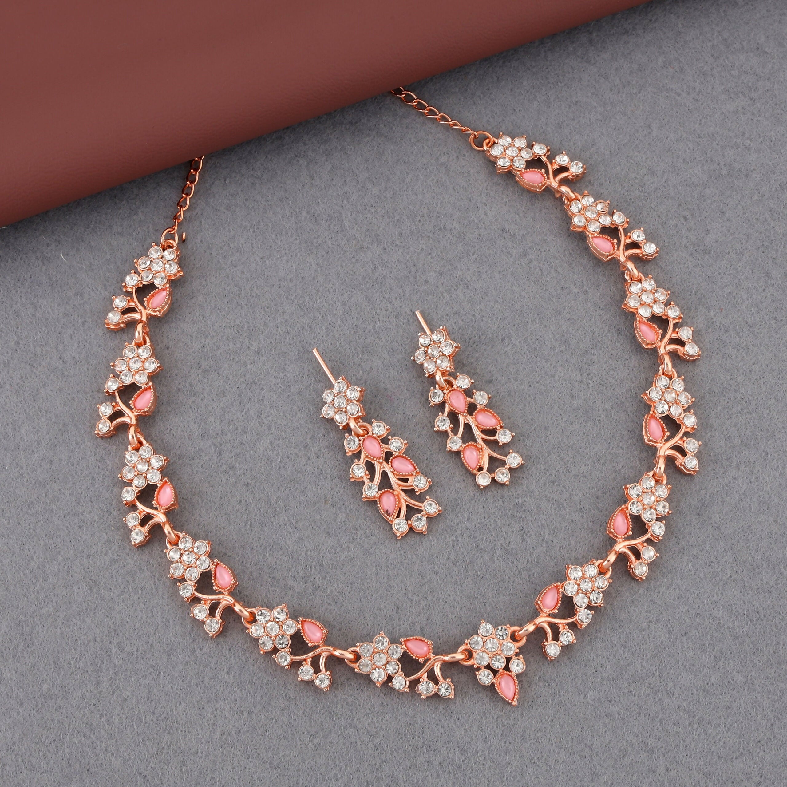 Rose Gold Floral Jewellery Set – Elegant Pink Enamel Necklace & Earrings