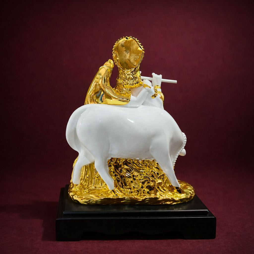 Radha Krishna with Cow Idol White and Golden Finish Statue for Home Temple Decor