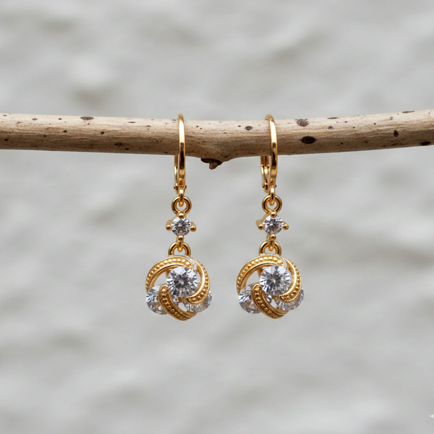 Gold Finish Twisted Stone Drop Hoop Earrings for Women and Girls