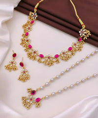 Traditional Gold-Plated Pink Stone & Pearl Bridal Jewelry Set with Necklace, Earrings