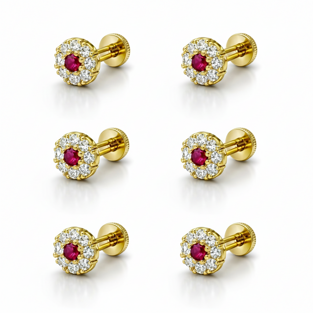 Set of three pairs of gold ruby halo stud earrings displayed elegantly on neutral background