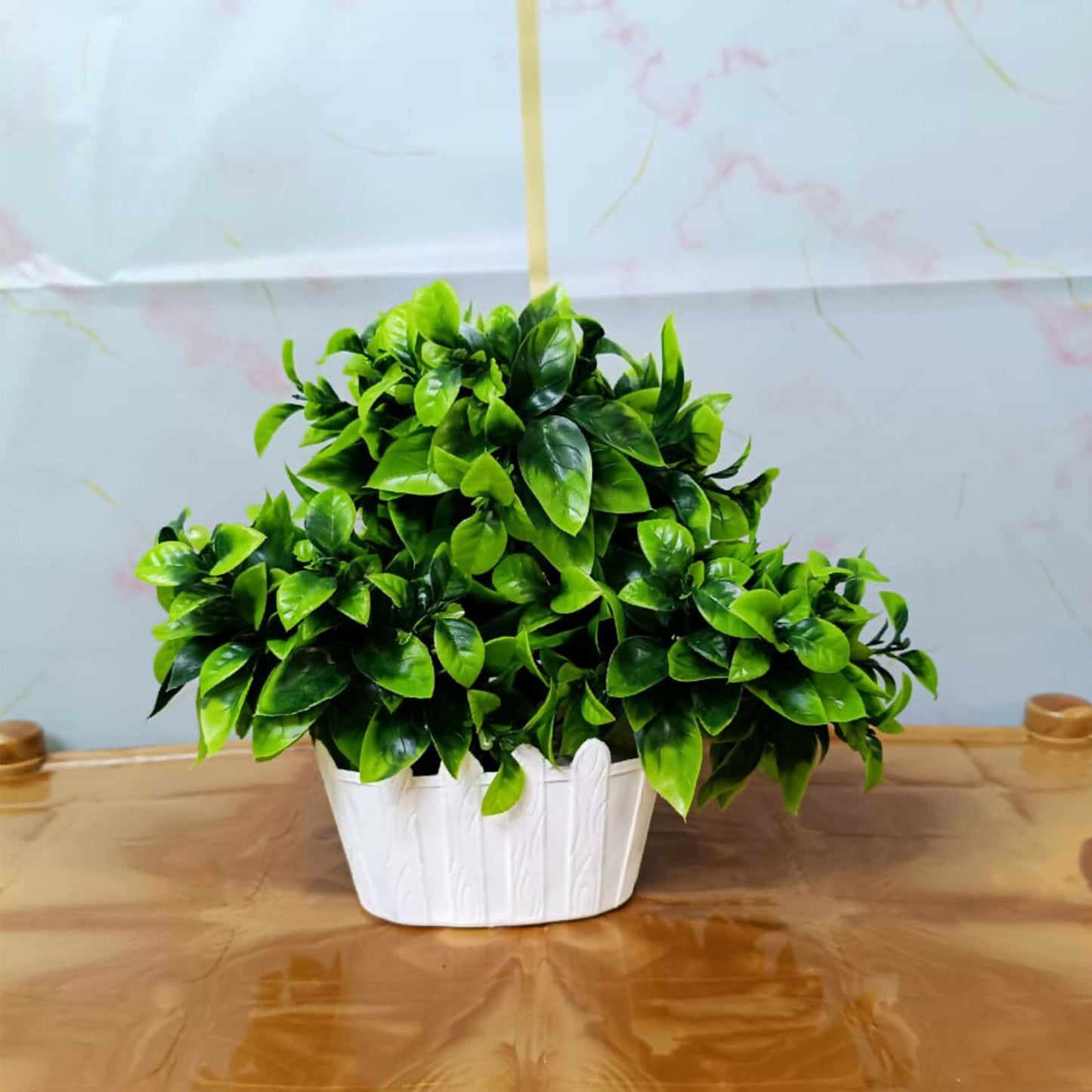 Artificial Green Leaf Bushy Bonsai Plant in White Wood Texture Oval Pot Home Decor