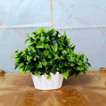 Artificial Green Leaf Bushy Bonsai Plant in White Wood Texture Oval Pot Home Decor