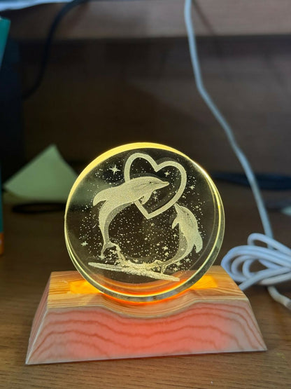 Dolphin Heart Engraved Acrylic LED Night Lamp with Wooden Base for Home Decor