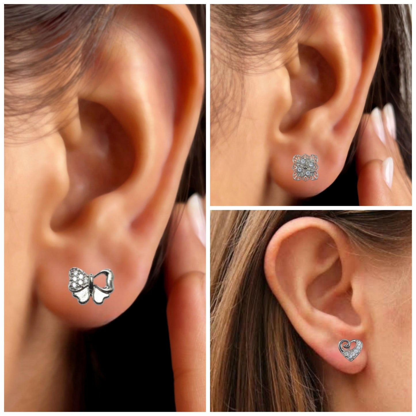 Close-up of elegant heart-shaped silver-plated stud earrings with cubic zirconia.