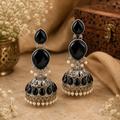 Oxidised Silver Jhumka Earrings – Elegant Black Stone & Pearls Clear Classic Style