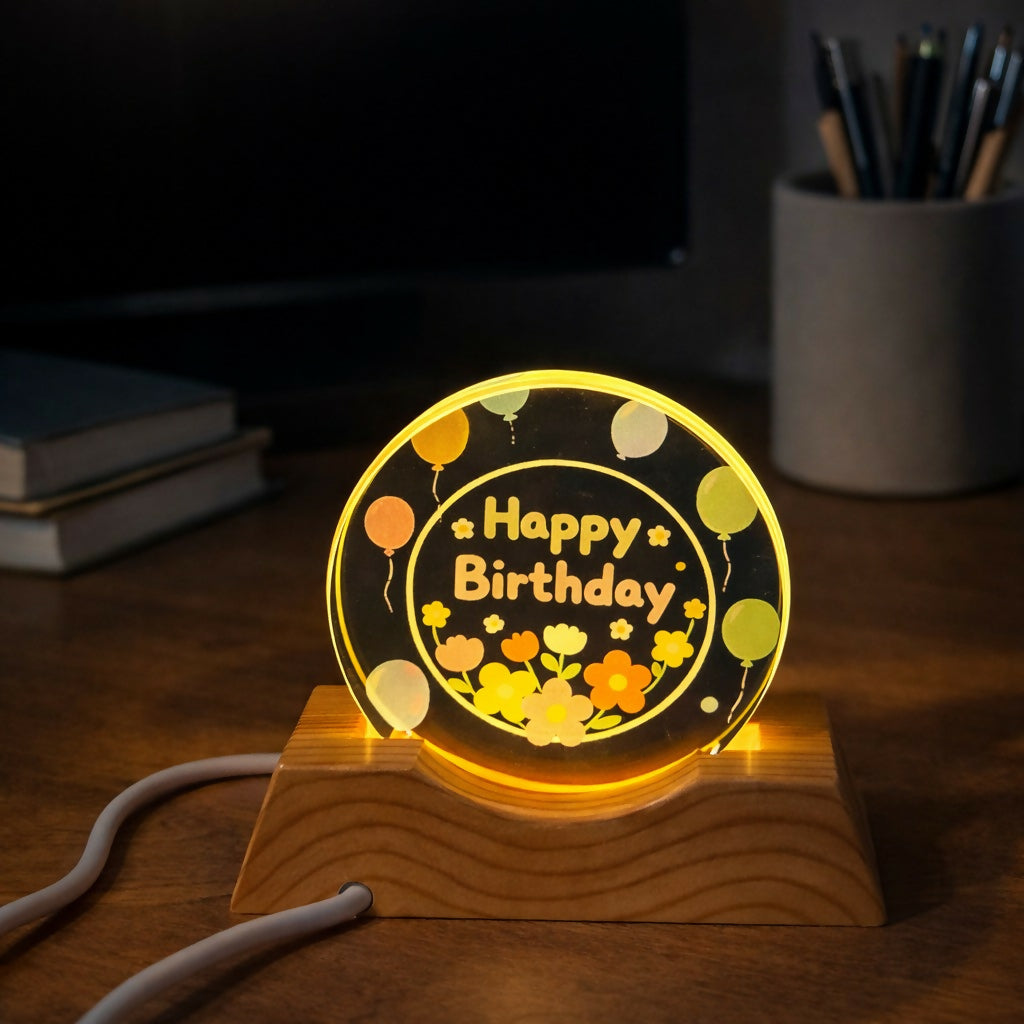 Happy Birthday Acrylic LED Lamp with Wooden Base Balloon Floral Design