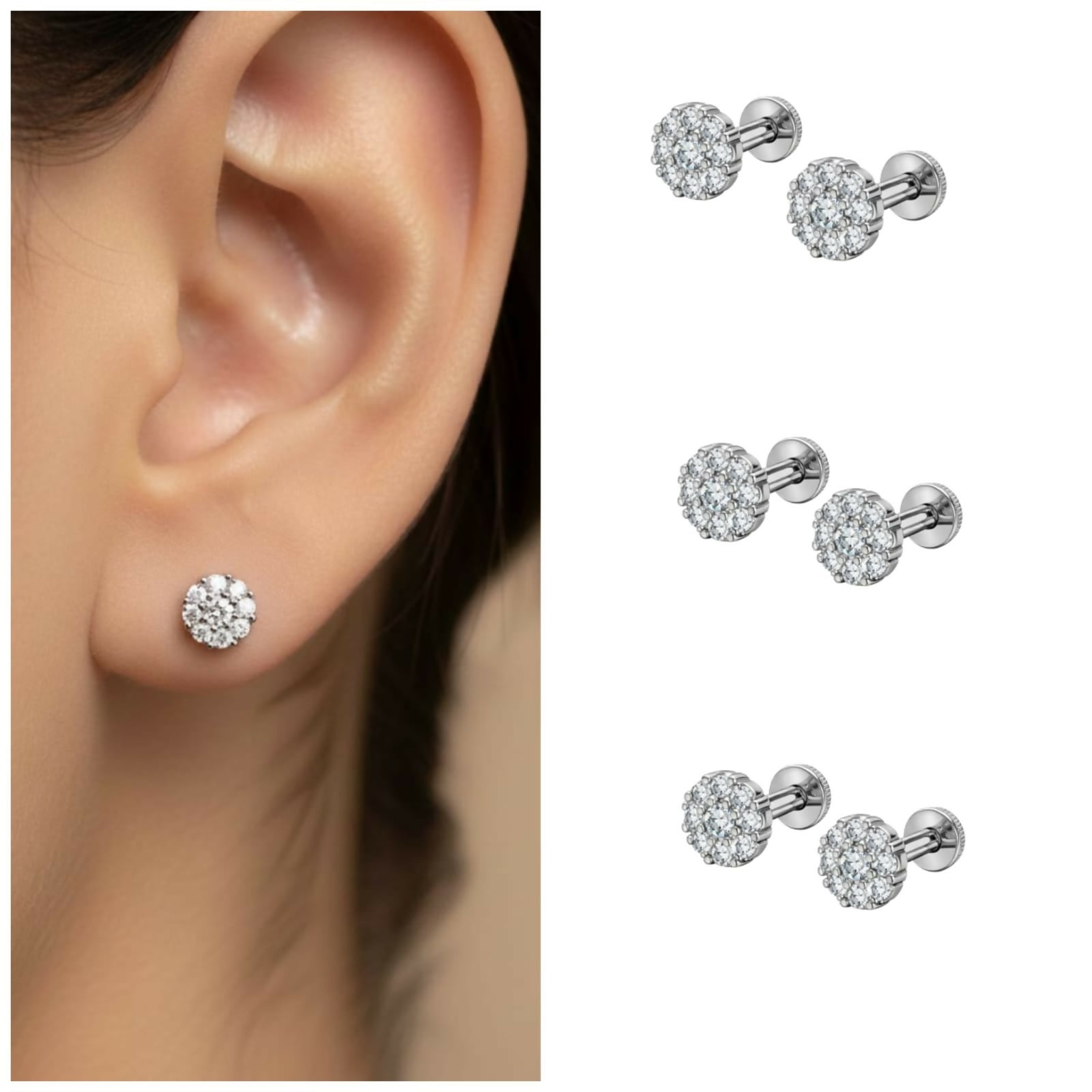 Silver plated crystal cluster flat back stud earrings combo pack of 3 pairs arranged on white background