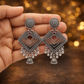 Oxidised Long Jhumka Earrings – Elegant Geometric Design