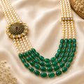 Pearl Beaded Green Stone Necklace Set with Antique Pendant and Earrings