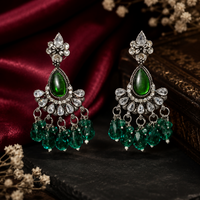 Elegant Oxidized Silver-Tone Emerald Green Crystal Drop Earrings – Ethnic Chandbalis with Sparkling Stones