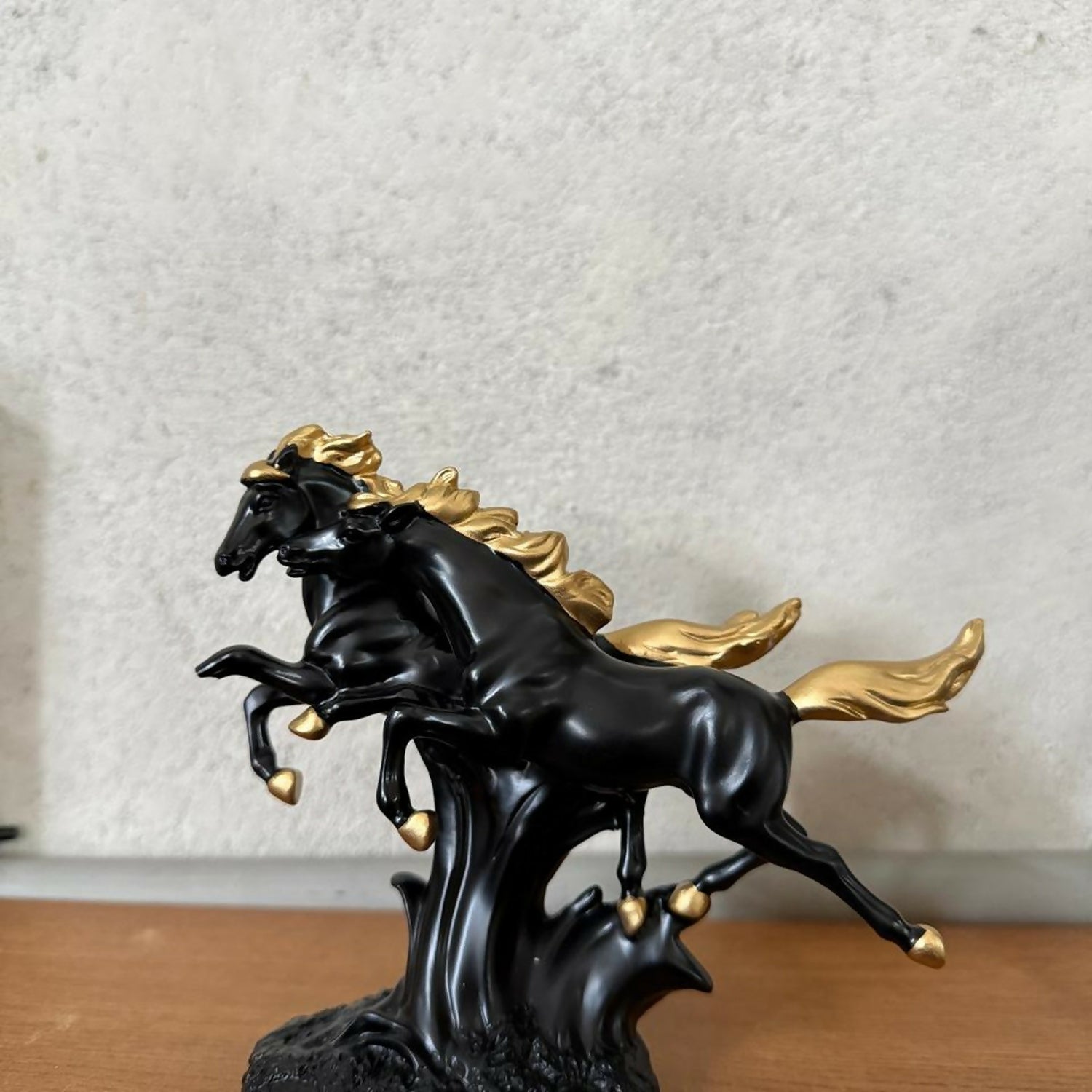 Double Black Horse Showpiece with Golden Mane for Home Decor | Lucky Horse Statue