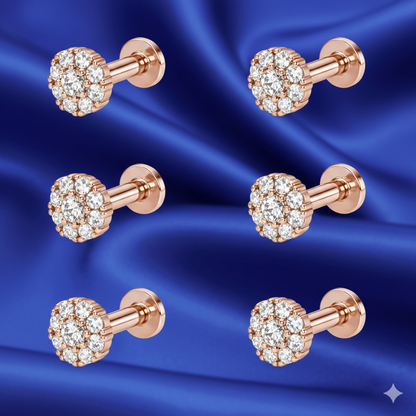 Rose gold flower crystal stud earrings with flat back design grouped in a combo pack