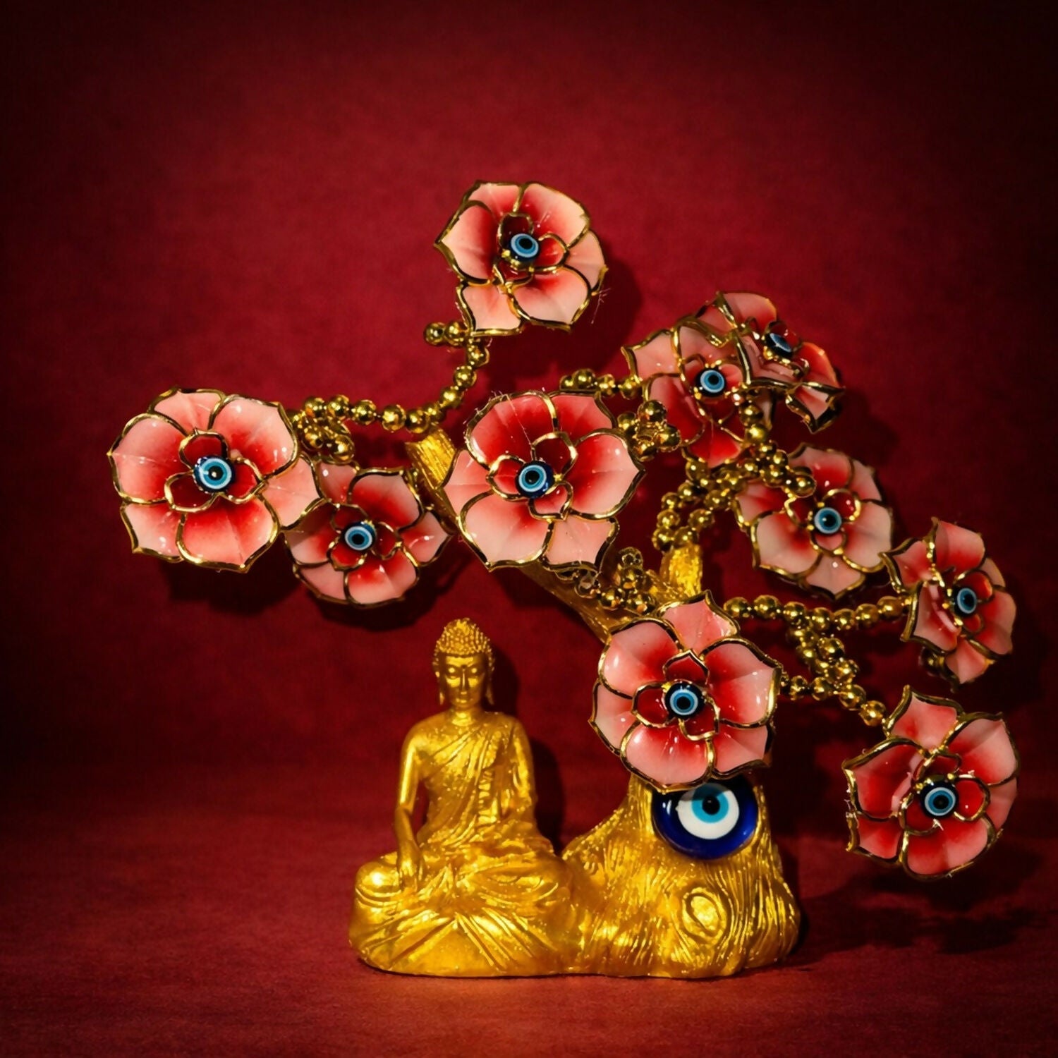 Red Buddha Tree Showpiece with Evil Eye & Floral Design for Home Decor