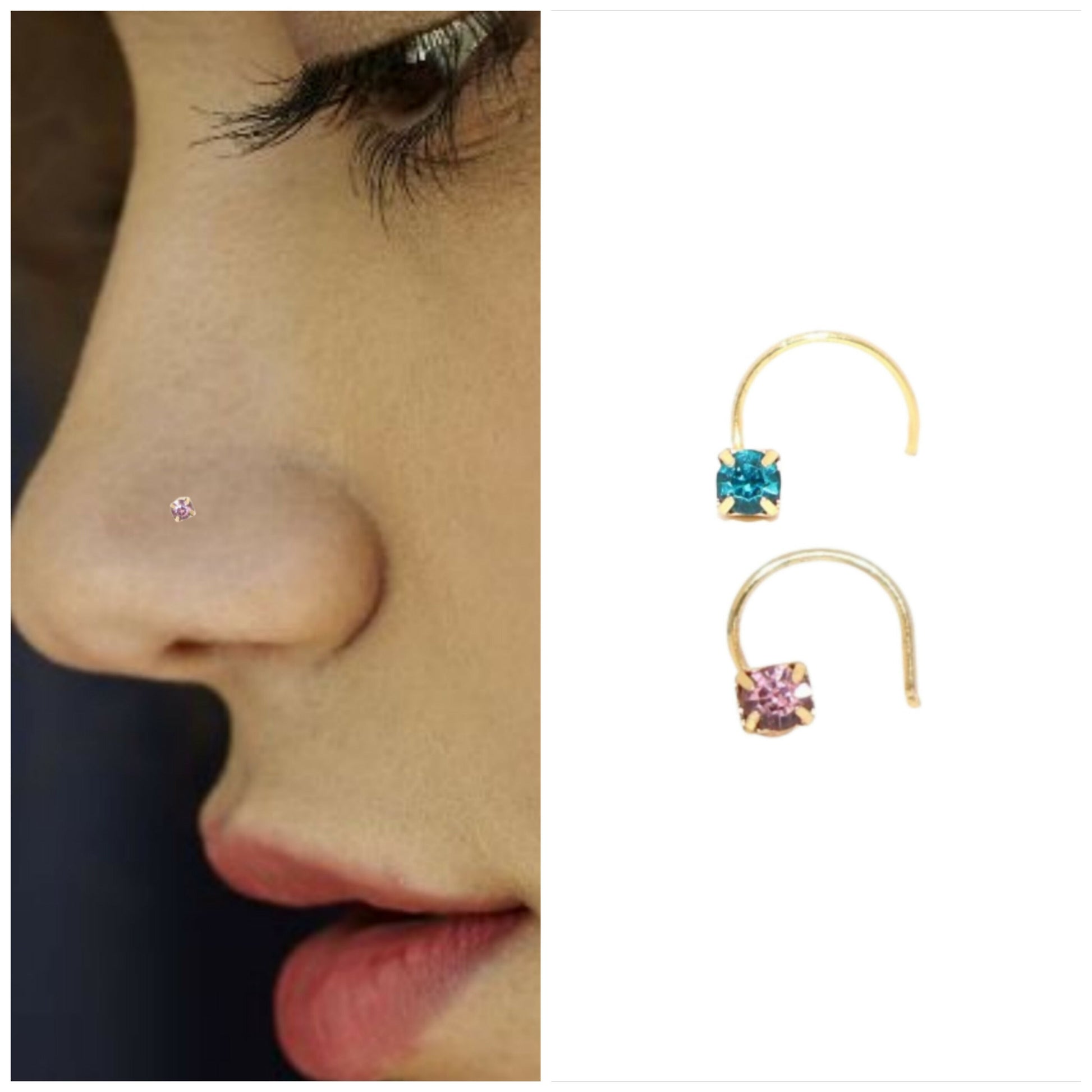 Close-up of gold plated crystal nosepin stud featuring vibrant pink crystal