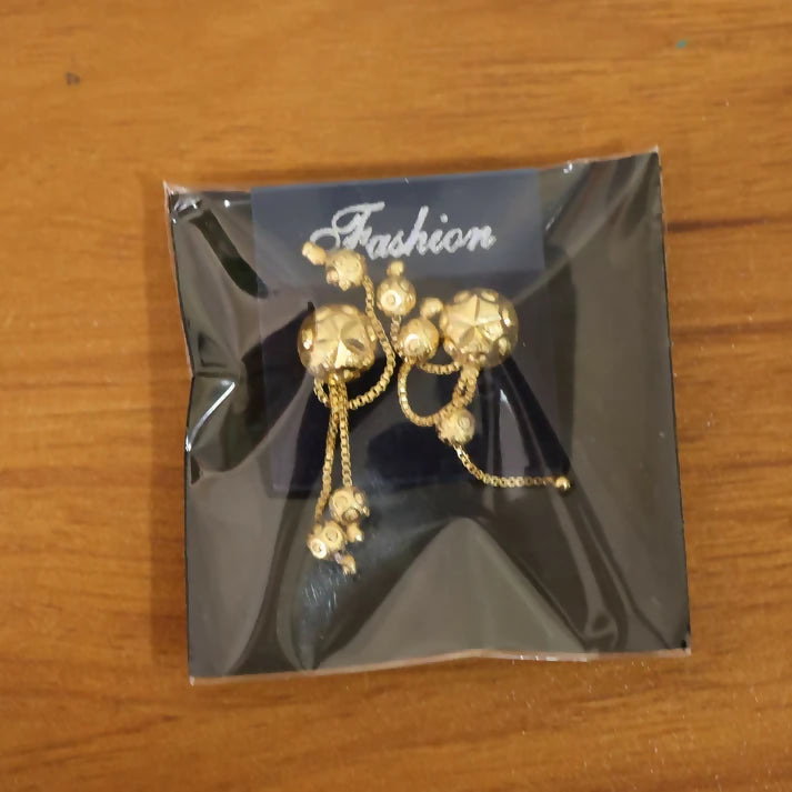 Heart Motif Designer Gold Earrings With Stone Line Work And Elegant Hanging Drop