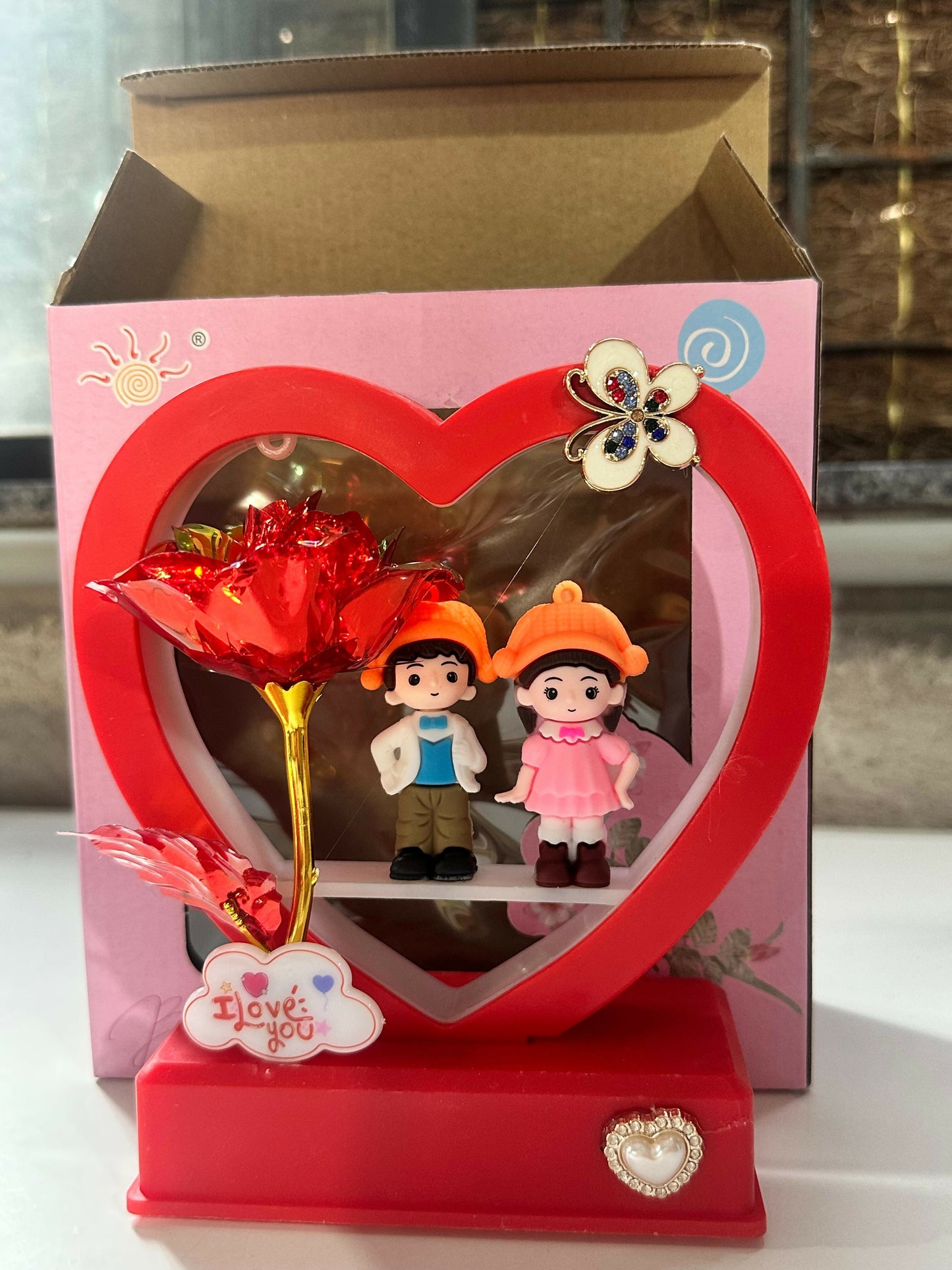 Romantic Heart-Shaped Red LED Couple Showpiece with Artificial Red Rose | Love-Themed Decorative Gift for Bedroom, Anniversary, Valentine, Wedding & Home Decor