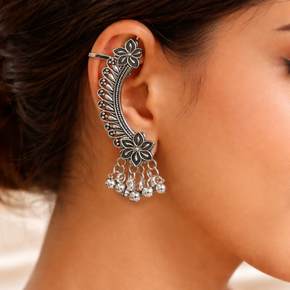 Elegant Oxidised Silver Ear Cuff Earrings with Ghungroo for Women