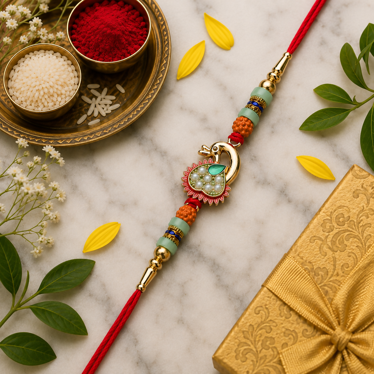 A gold peacock Rakhi with green and pearl details, flanked by orange and mint green beads, on a red thread, against a white