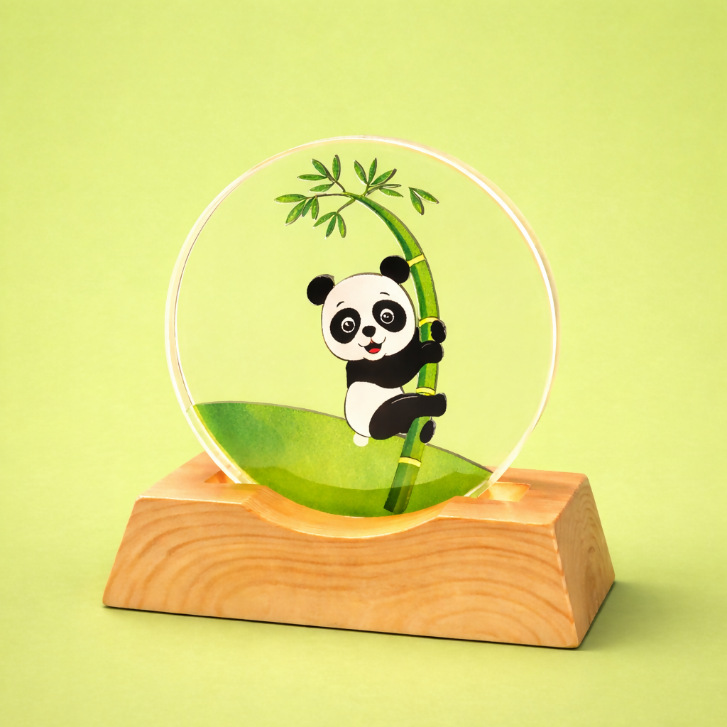 Panda Acrylic LED Night Lamp with Wooden Base USB Decorative Table Light