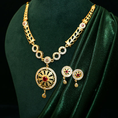 Gold Plated Round Pendant Forming Necklace Set with Ruby Stone & AD Detailing