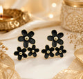 Black Floral Statement Stud Earrings for Women – Glossy Enamel Flower Design with Gold-Tone Accents